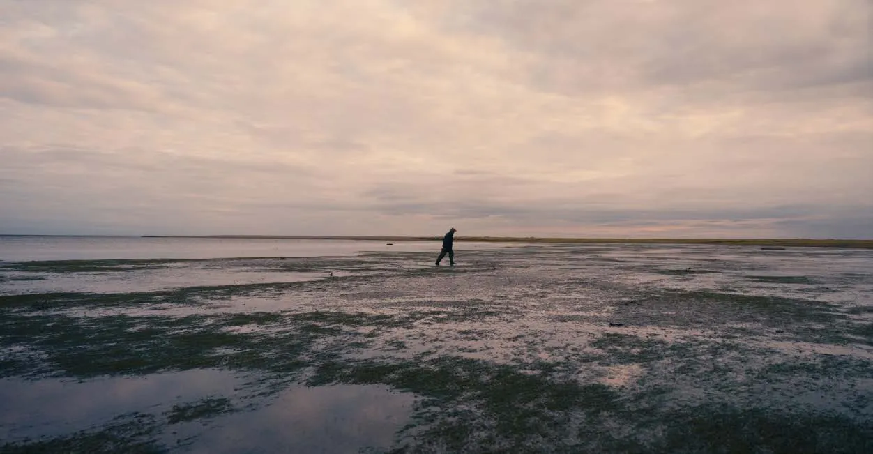 A lone figure crosses an icy landscape.